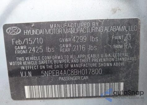 2011 Hyundai Sonata Gls z USA, uszkodzony, nr VIN 5NPEB4AC8BH017800